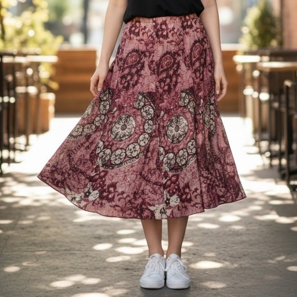Karen Kane Linen Midi Skirt Women M Pink Batik Floral Boho Flare